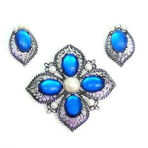 Emmons Signed Demi Parure BROOCH & EARRINGS Clip-On Set Faux Blue Opal & Pearls